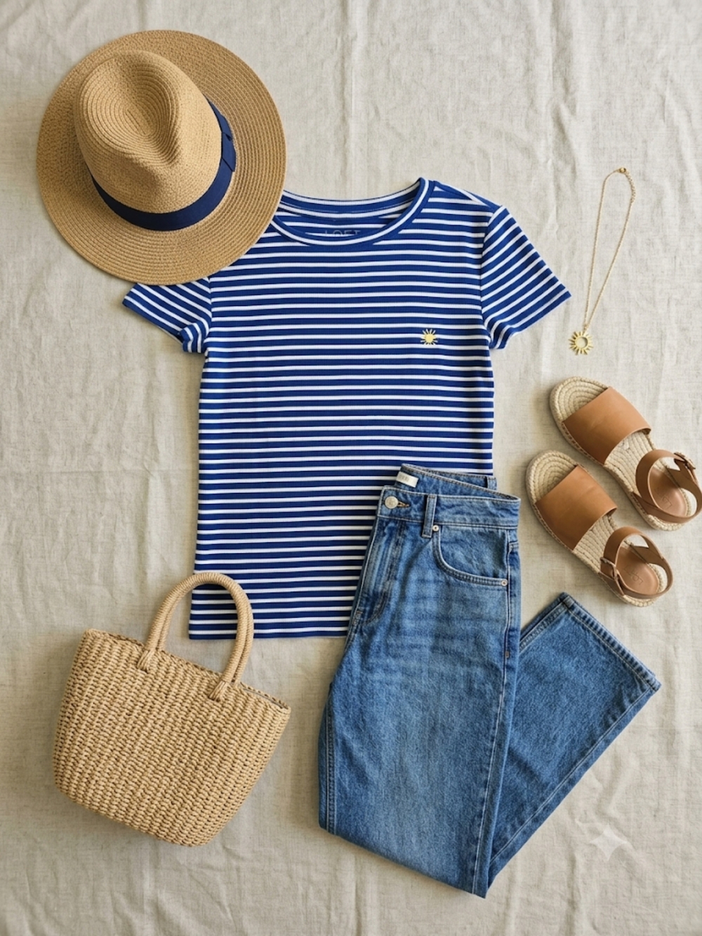 EUC LOFT Cotton Blend Blue and White Striped Crewneck Tee, Size Small